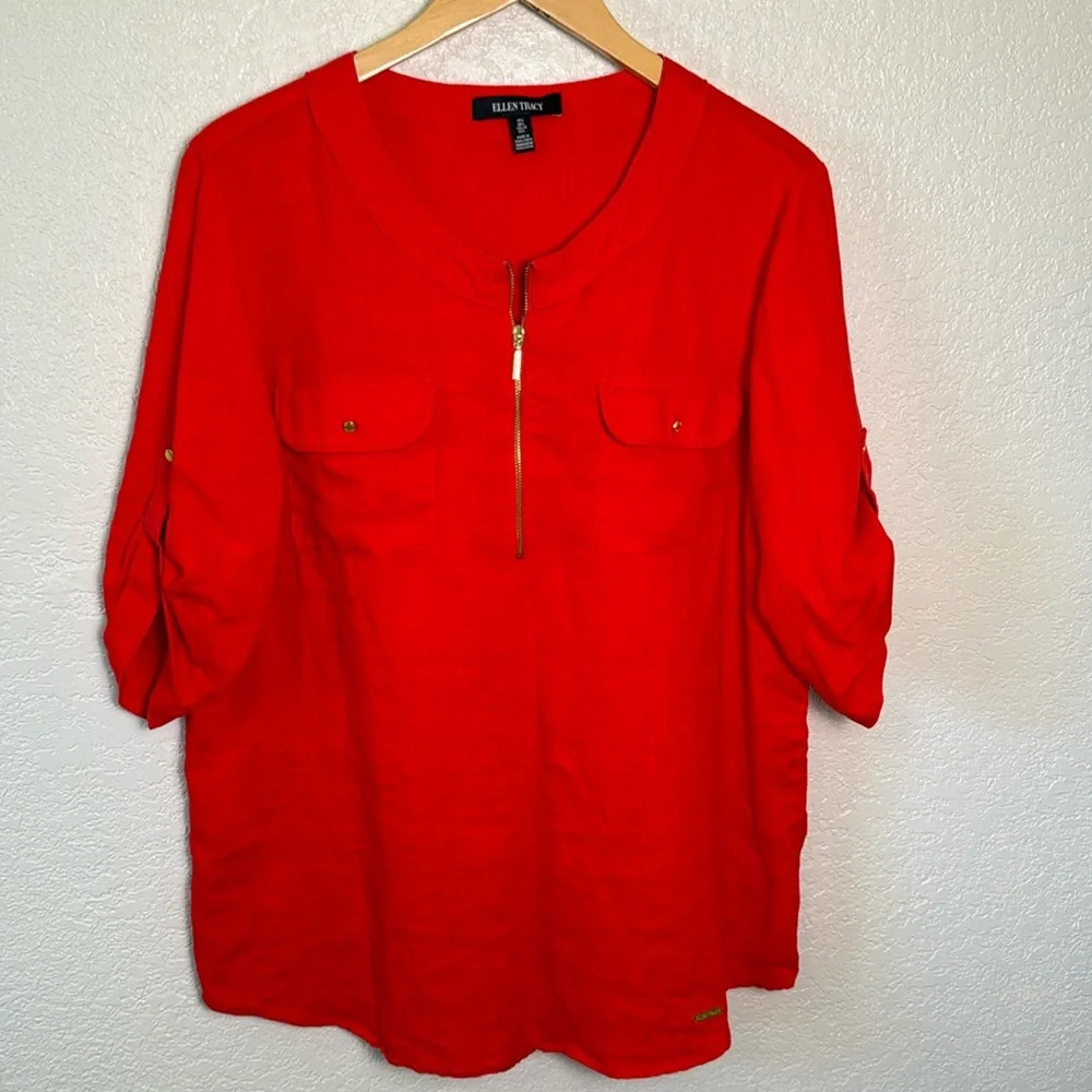 Ellen Tracy Red Large 3/4 Sleeve Top Gold‎ Zipper Detail Pockets Blouse